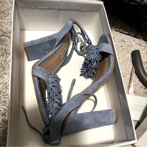 Steve Madden Women's Sass Light Blue Suede Heels Fringe